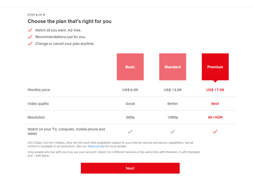 Netflix US Plans for premium accounts
