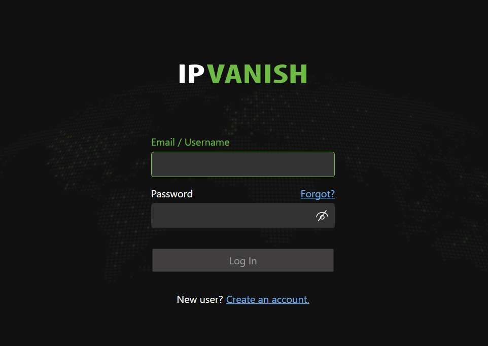 IPVanish app login screen to use free ipvanish accounts