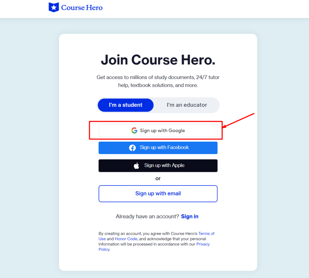 Join course hero by signing into your old google account.