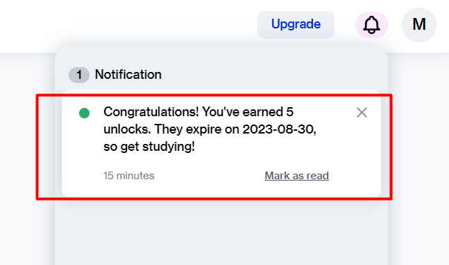 5 unlocks notification from course hero