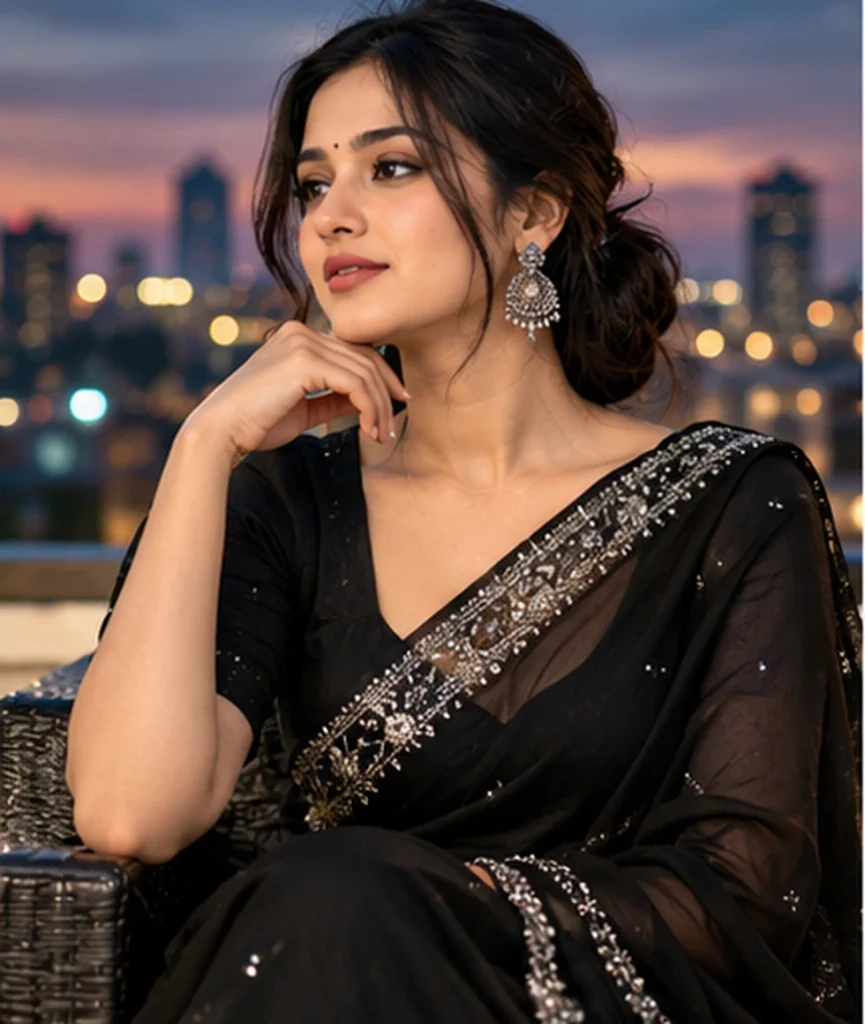 Modern black saree fashion portrait generated using an AI prompt