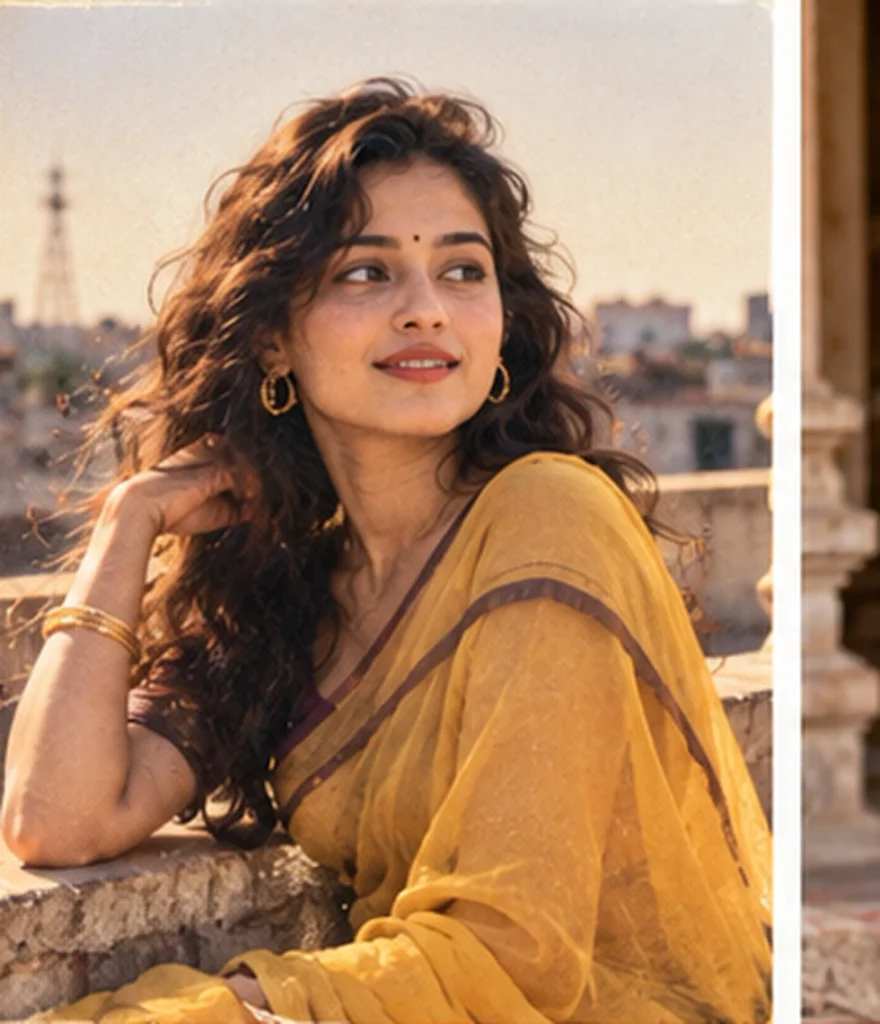 AI generated Indian woman in vintage 1970s saree portrait