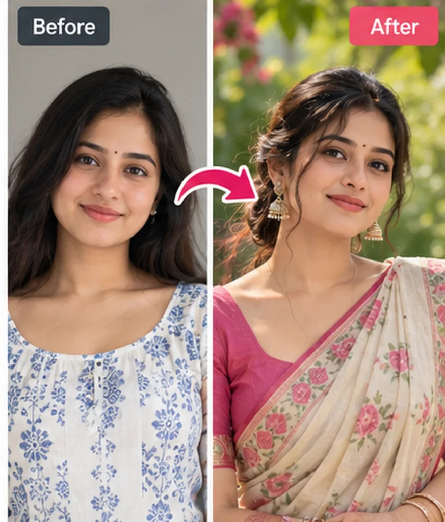 Before and after comparison of an AI saree photo editing correction