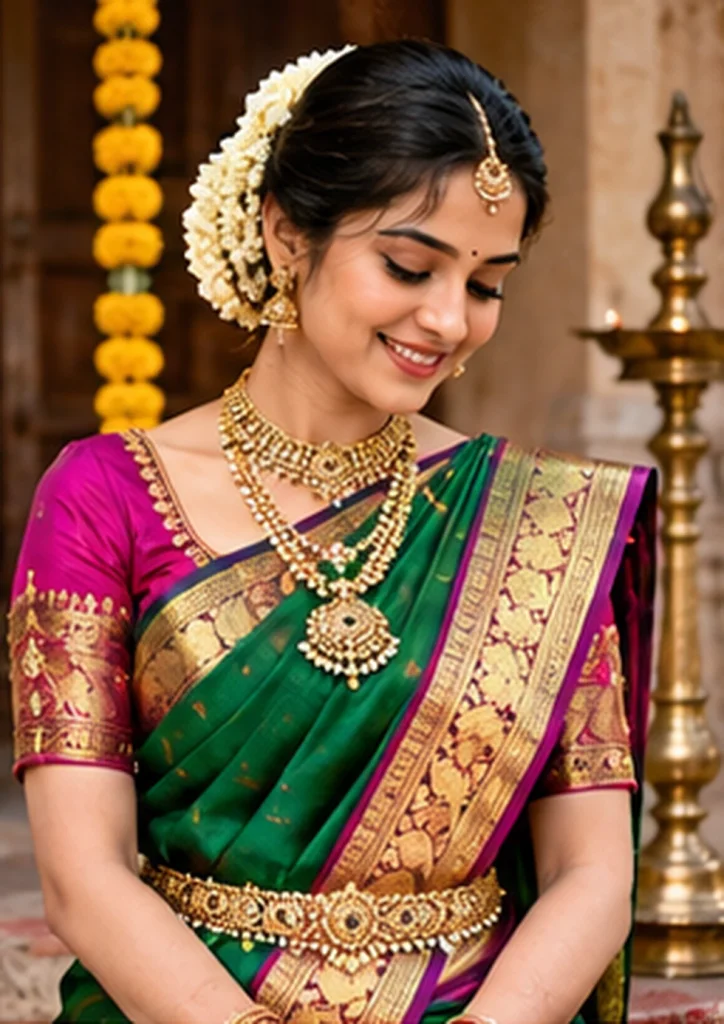 Traditional Indian woman wearing Kanjivaram silk saree in AI portrait