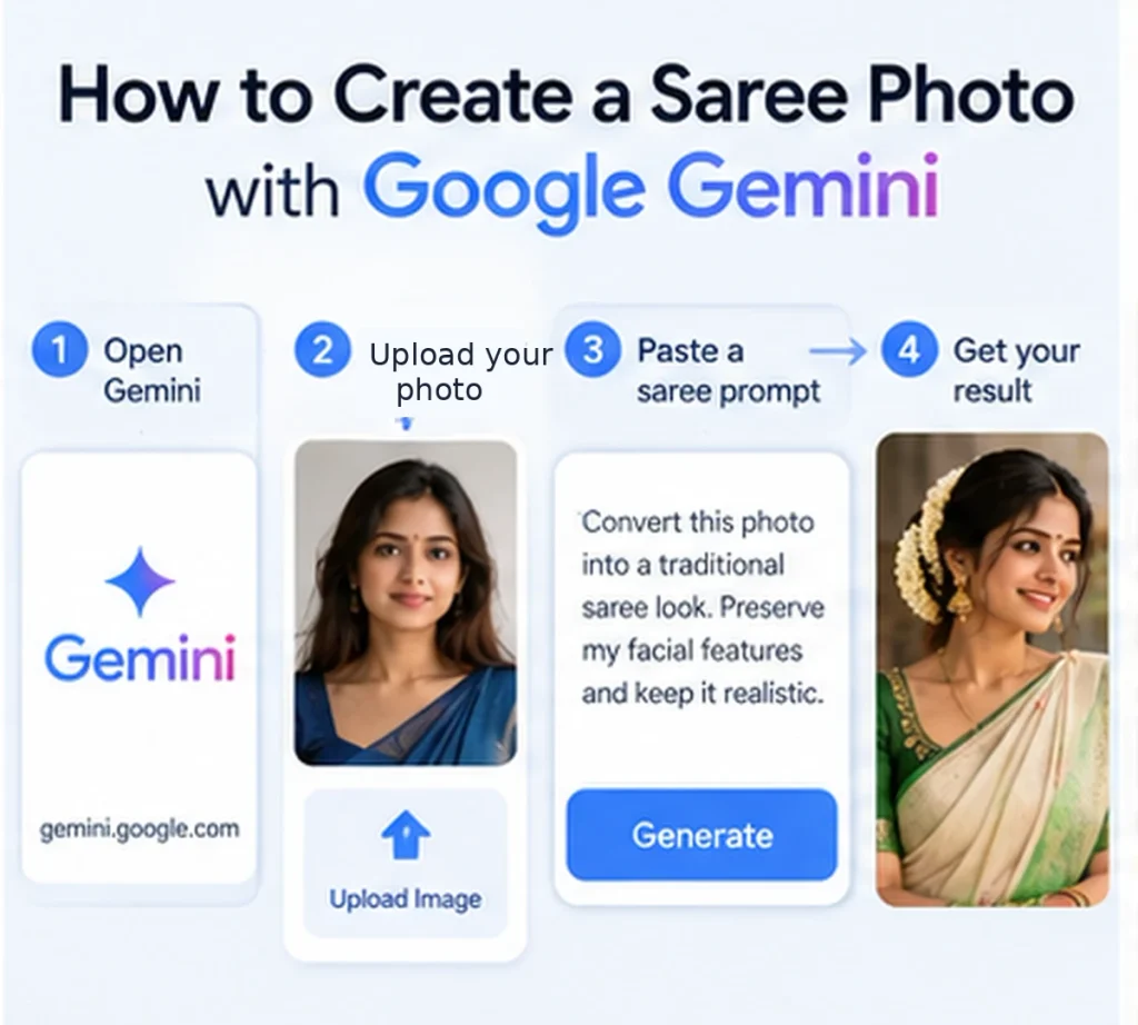 Google Gemini image editing process for creating a saree photo