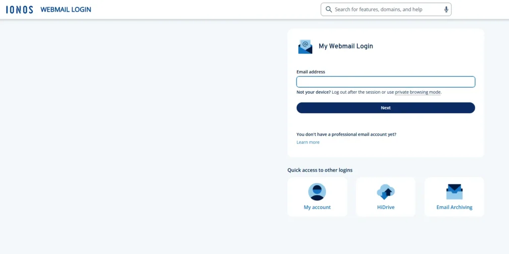1&1 Webmail login page