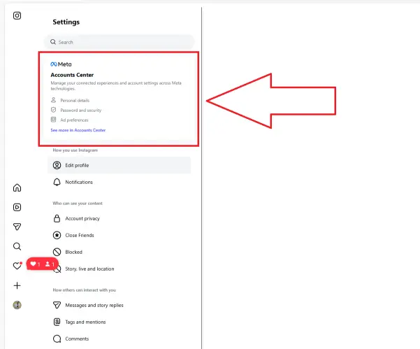 account center meta left screen to change instagram username