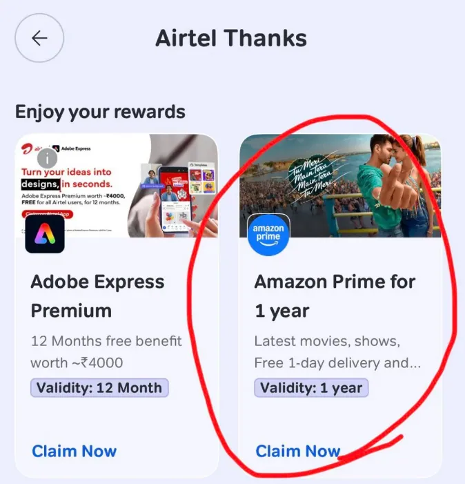 Airtel thanks app rewards to claim amazon prime for free