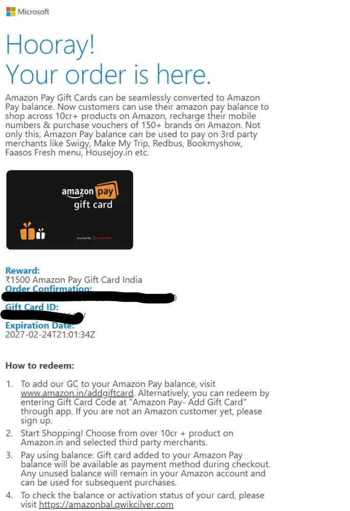 Microsoft Rewards Amazon Giftcard Mail proof from bing