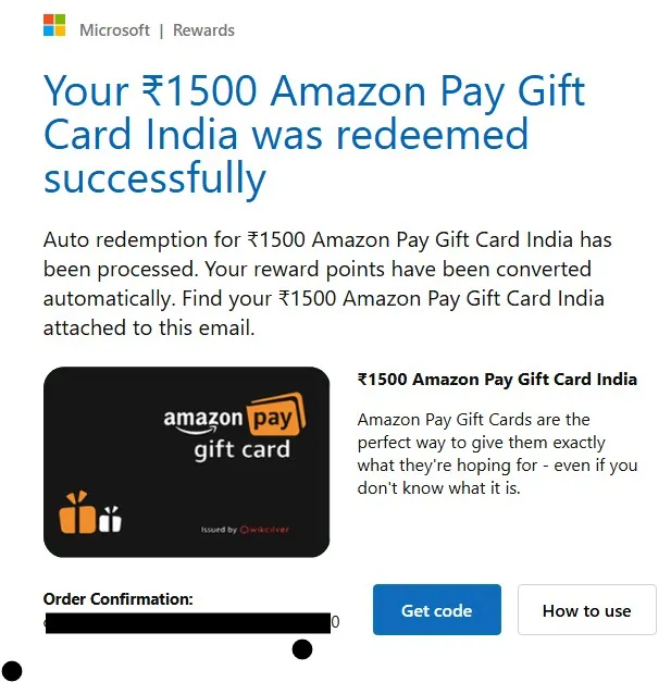 Microsoft Rewards Redeemption Mail proof from bing