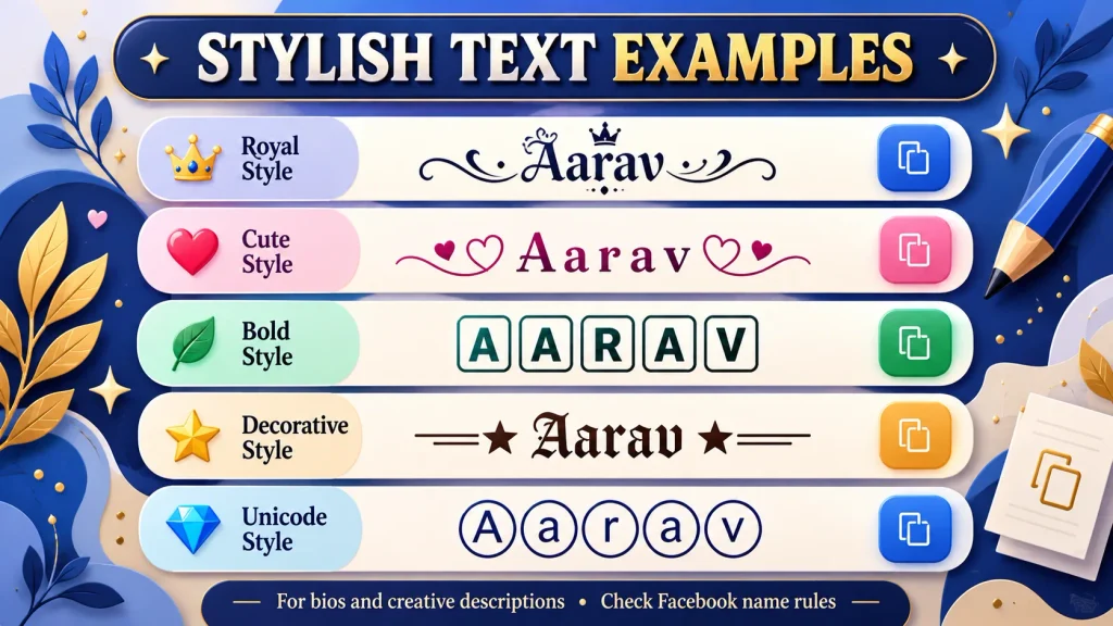 Comparison between a regular Facebook profile name and decorative Facebook bio text