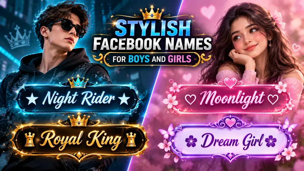 Stylish name examples for boys and girls featuring royal and cute lettering