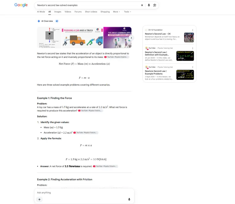 Google search results for Newton's second law solved examples