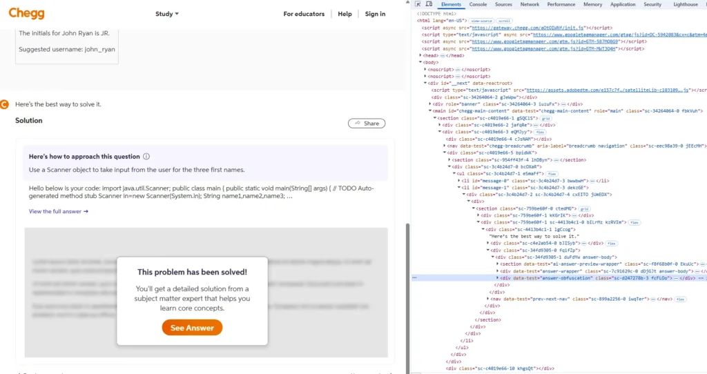 Inspect Element method to unblur chegg answers for free