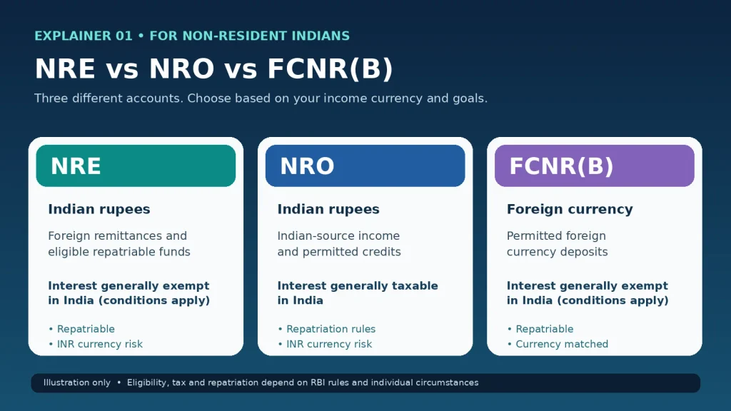 Comparison of NRE NRO and FCNR fixed deposits by currency tax and repatriation