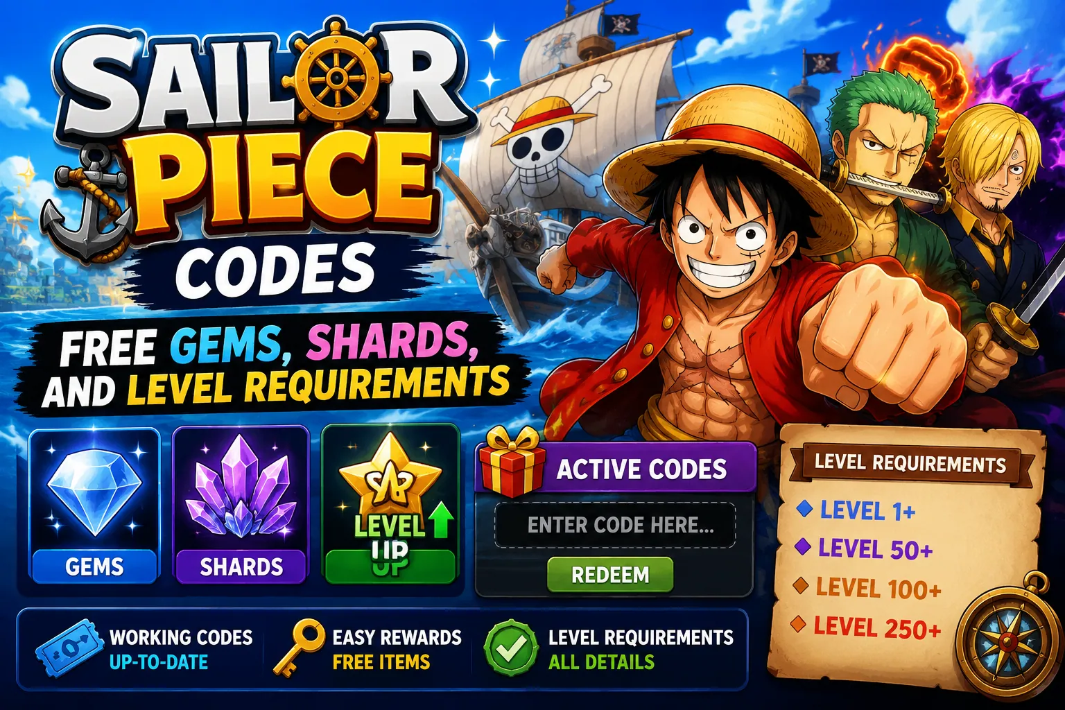 Sailor Piece Codes (June 2026): Free Gems, Shards, and Level Requirements