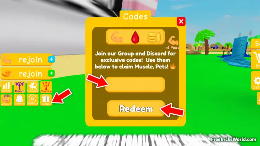 How to redeem No Limit Lifting Simulator 2 codes using the Codes button and yellow code field in Roblox