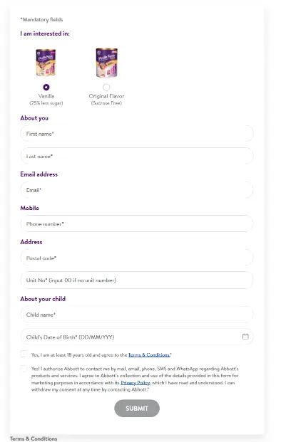 Claiming Your Free PediaSure Sample form