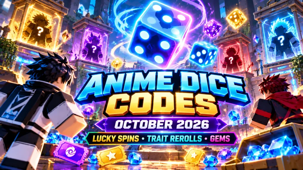 oblox Anime Dice codes October 2026 illustration with glowing dice, Lucky Spins and Gems