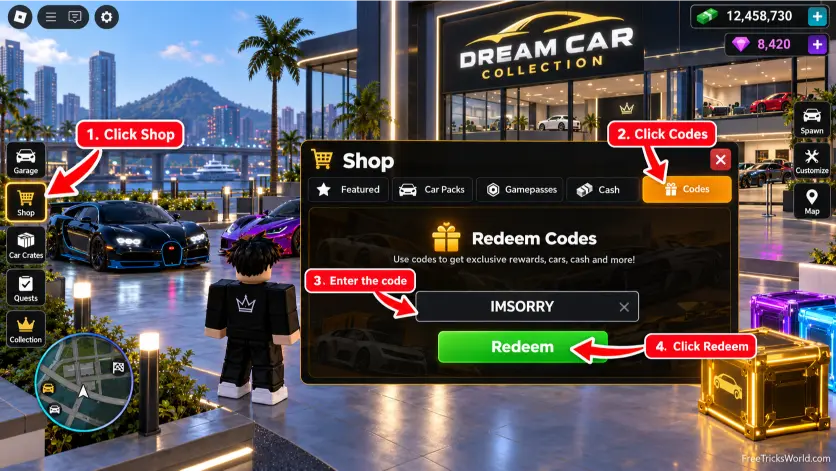 How to redeem Dream Car Collection codes using the Shop or ABX button