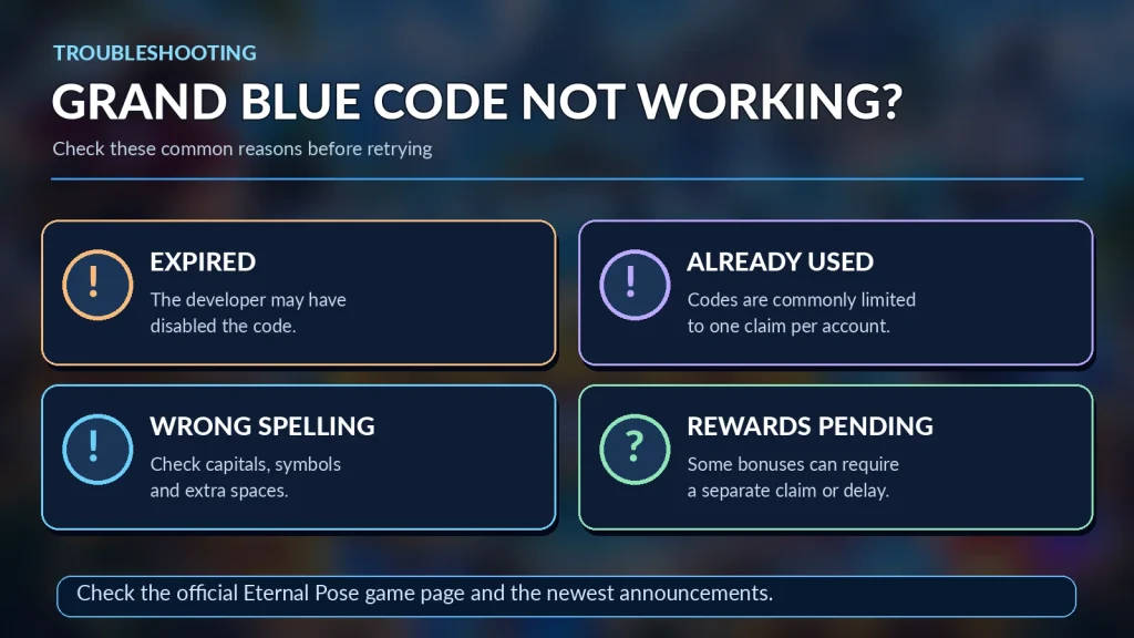 Grand Blue codes troubleshooting showing expired codes, previous claims, wrong spelling and pending rewards