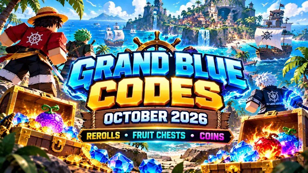 Roblox Grand Blue codes October 2026 cover with pirates, fruit chests and rerolls
