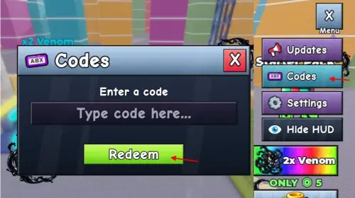 How to redeem +1 Venom Evolution codes using Menu Codes and Redeem in Roblox