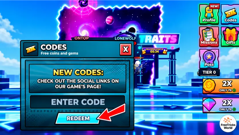 How to redeem Anime Ball Duels codes using the upper-right Codes button, Enter Code field, and Redeem button