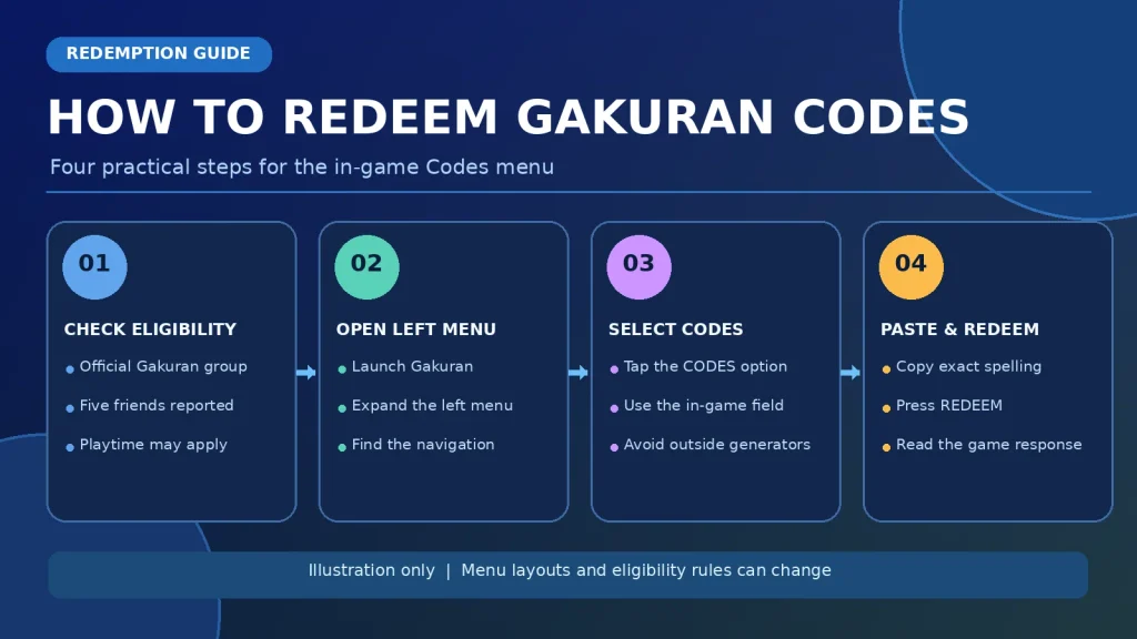 Four-step illustration showing Gakuran group eligibility, menu, codes field and redemption