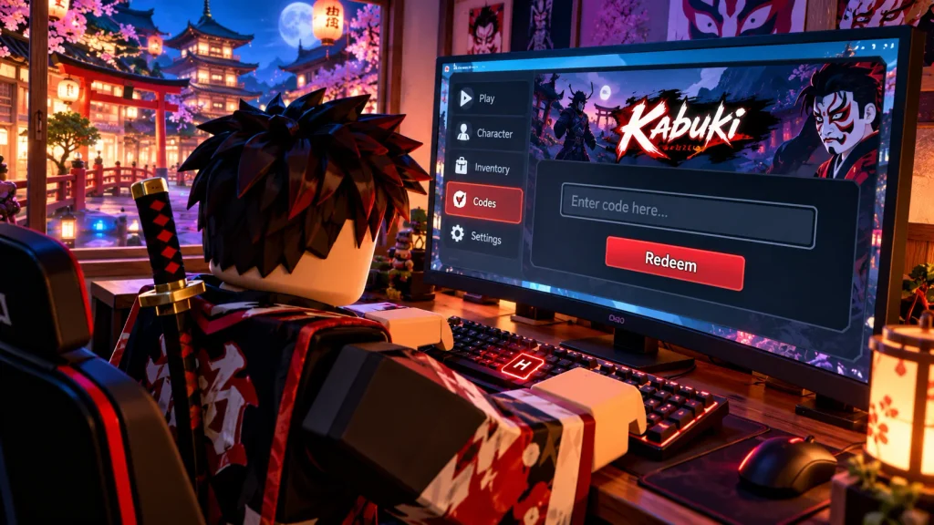 Illustration of a player entering a Kabuki code on a computer, not an actual game screenshot