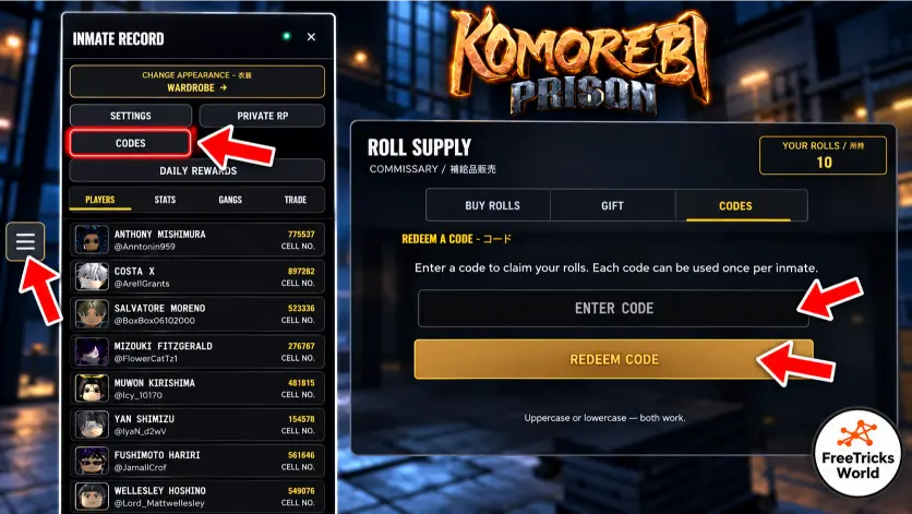 How to redeem Komorebi Prison codes using the left menu Codes tab and Redeem Code button