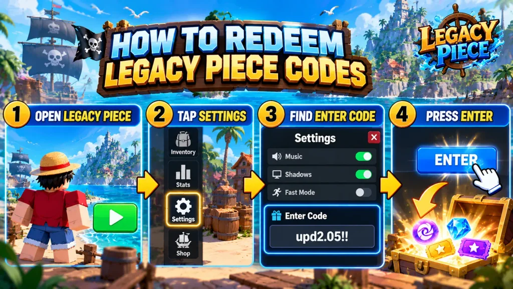 Steps to redeem Legacy Piece codes through Settings and the Enter Code field