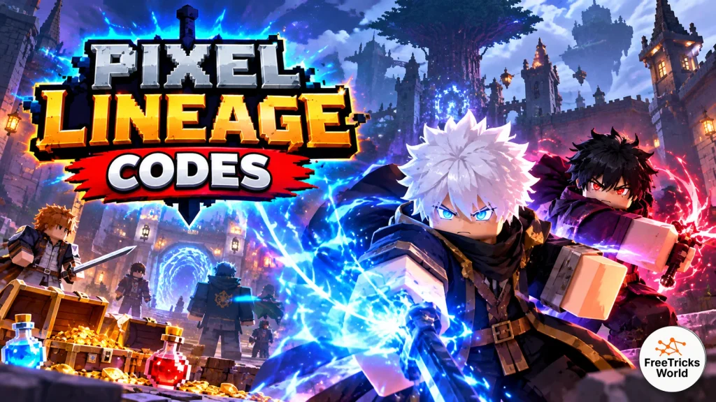 Pixel Lineage fantasy RPG illustration for the code redemption guide with FreeTricksWorld logo