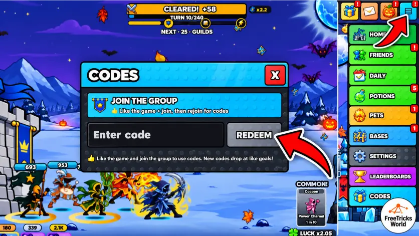 How to redeem Roll a Stickman codes using Menu, Codes, Redeem, and the top Mail envelope in Roblox