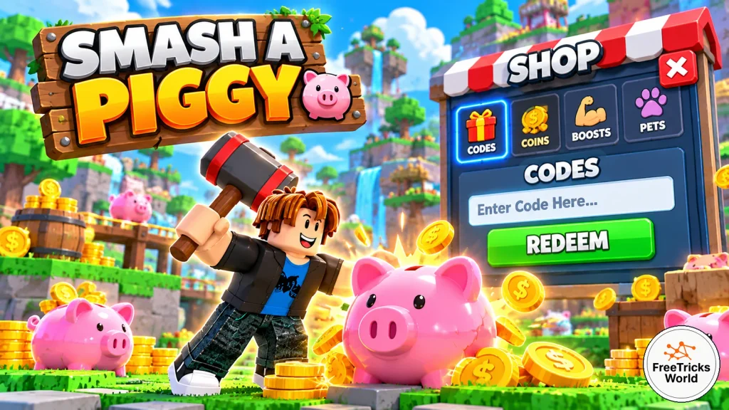 Illustrative Shop codes redemption menu for Smash a Piggy with FreeTricksWorld logo, not an actual screenshot