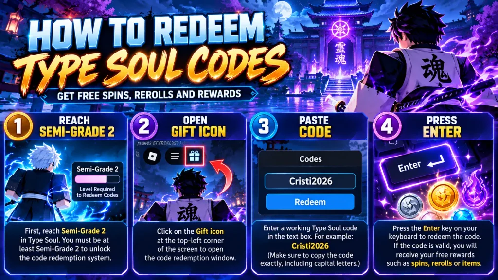 Four steps to redeem Type Soul codes using Semi-Grade 2, the gift icon and Enter key