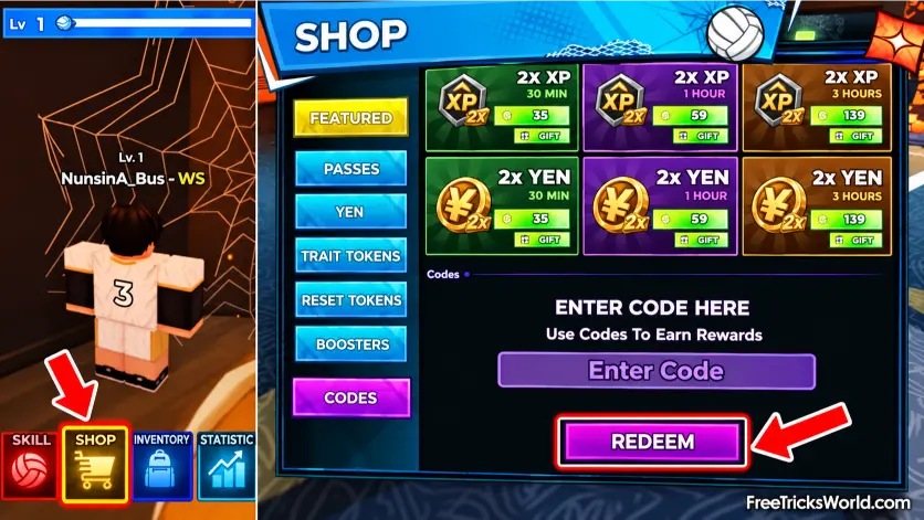 How to redeem Volleyball Journey codes using Shop Codes and Redeem in Roblox