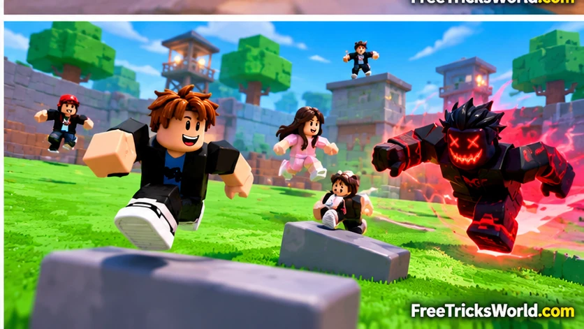 Huss Valley Roblox runners escaping a catcher in the arena