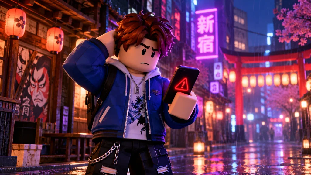 Roblox style player checking an invalid code warning in a neon-lit Japanese street