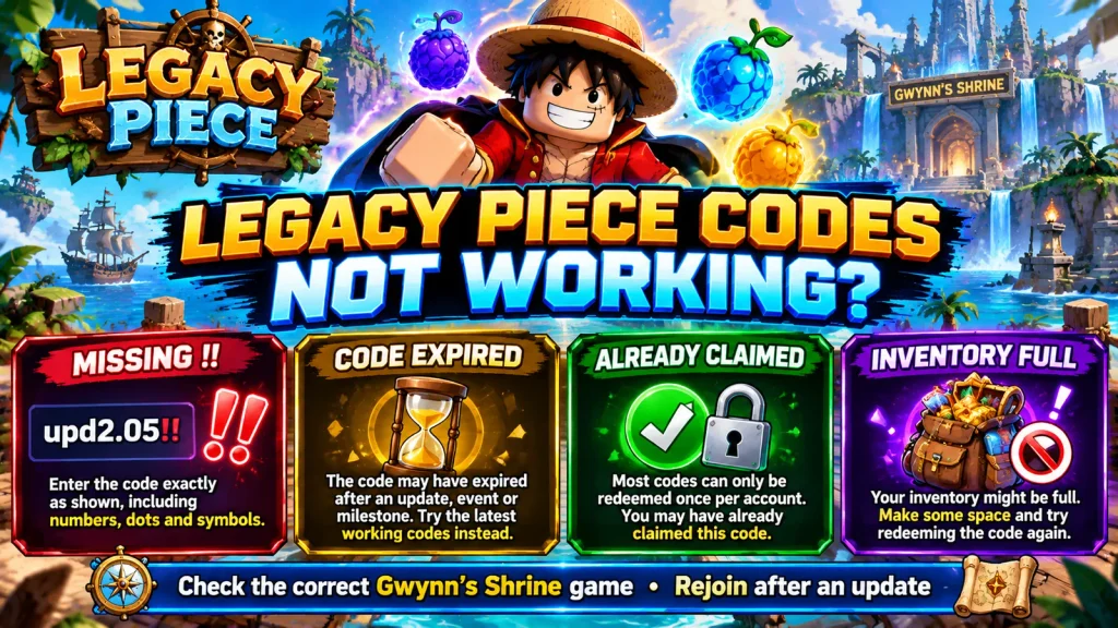 Legacy Piece code troubleshooting for missing exclamation marks, expiry, previous redemption and full inventory