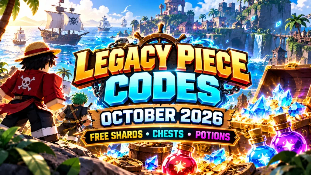 Legacy Piece codes October 2026 with pirate characters, Shards, chests and potions