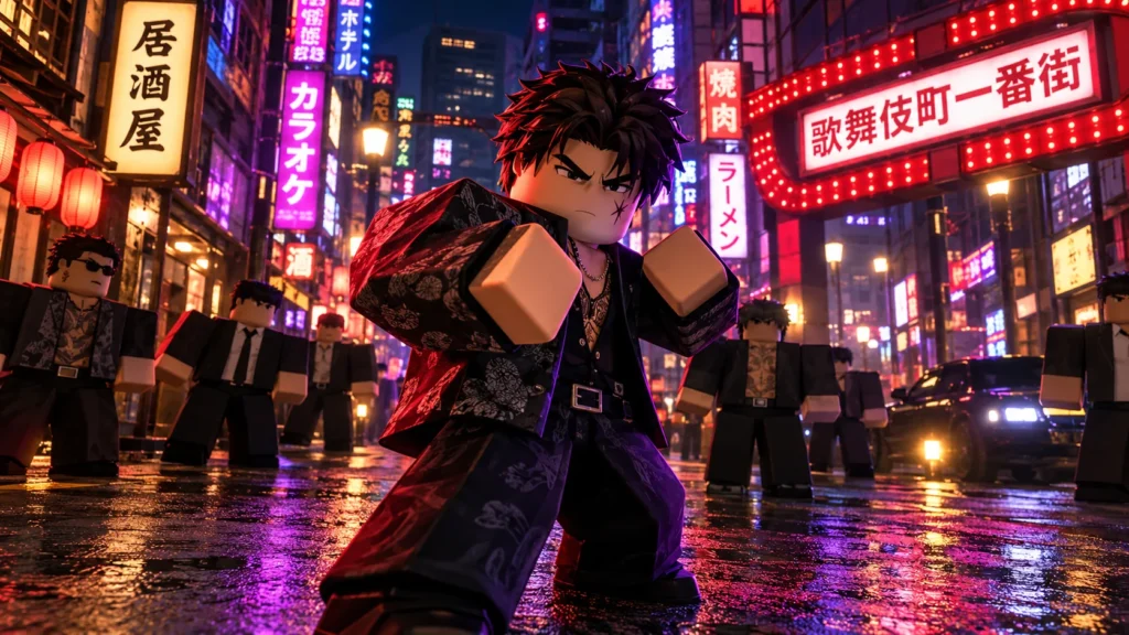 Roblox Kabuki codes featured artwork showing neon-lit Kabukicho and street fighters