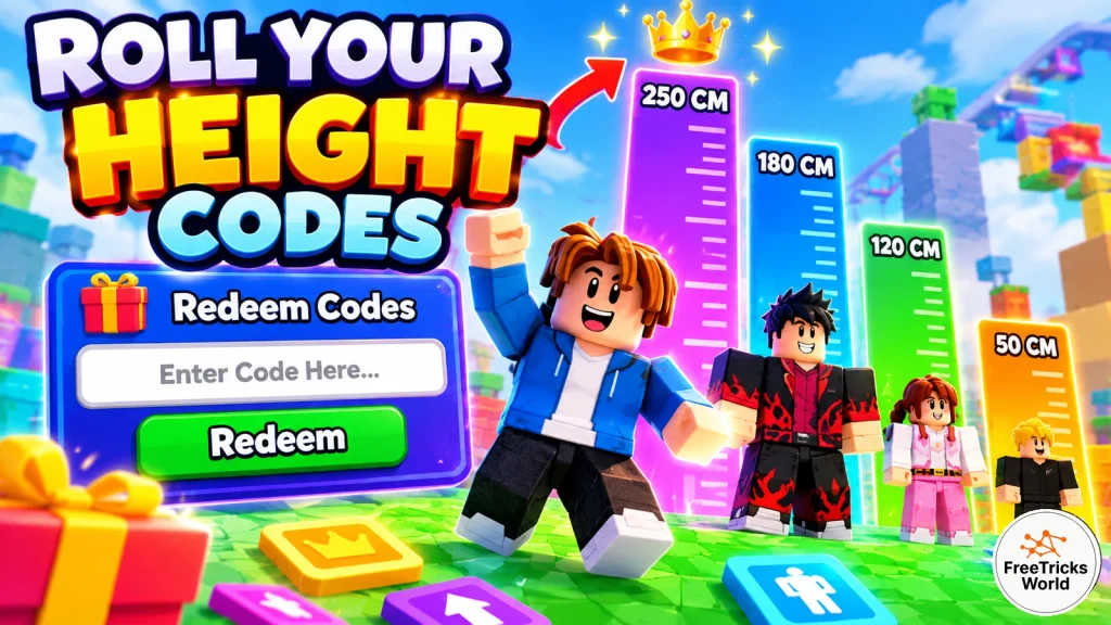 Roll Your Height free cash boosts aura rewards illustration with FreeTricksWorld logo