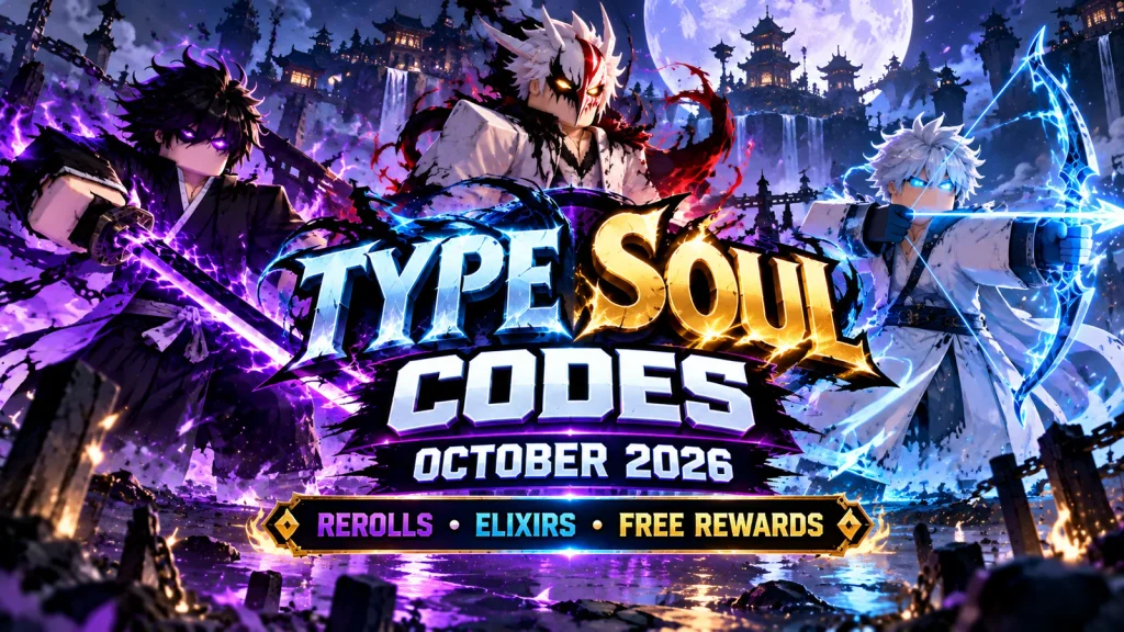 Type Soul codes October 2026 cover with Soul Reaper, Hollow, Quincy and reroll rewards